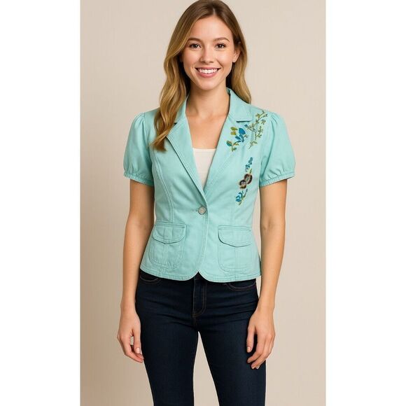 Live A Little Aqua Blue Embroidered Rhinestone Lightweight Jacket Size Medium - Picture 14 of 15